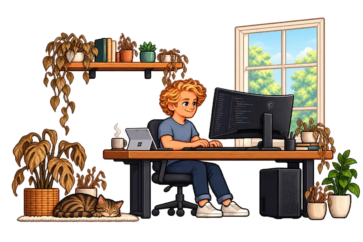 Pixel Daniel at a curved MSI monitor, with a black gaming PC, Surface Pro, wilted plants and his sleeping brown tabby cat Plinkie Plonkie
