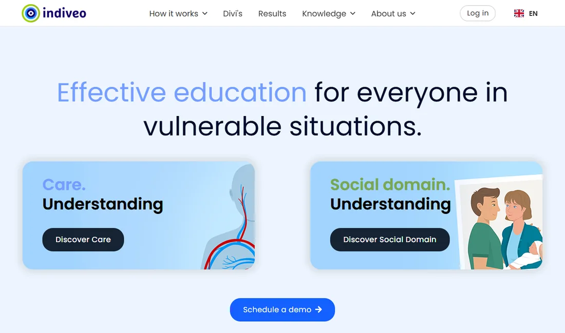 The public Indiveo website, introducing its healthcare and social-domain information platform